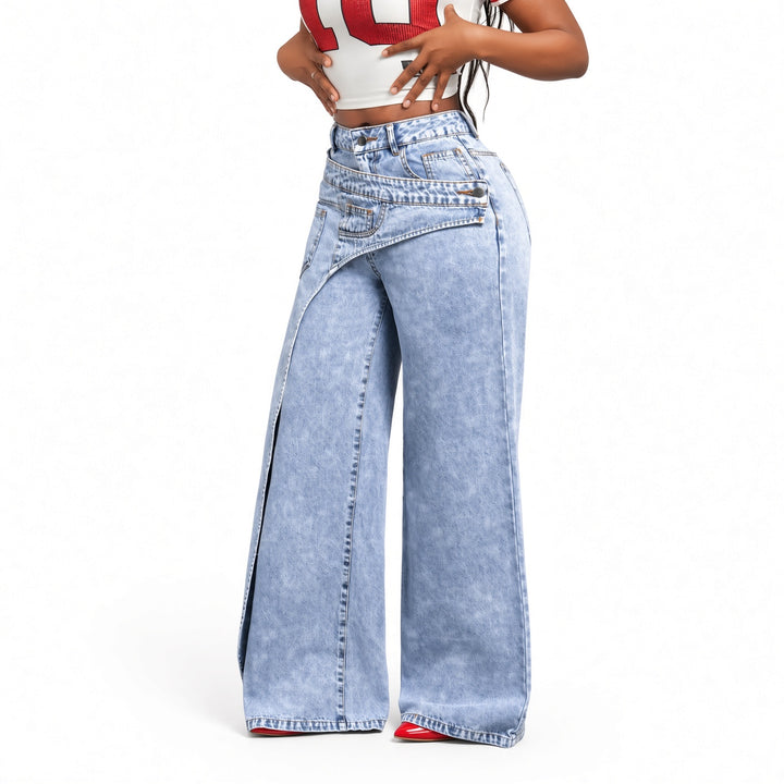 Full front view of the light-wash wide-leg jeans