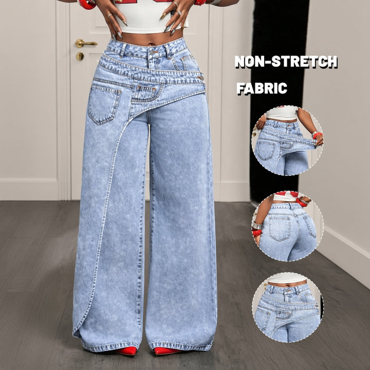 Construction overview of the non-stretch layered-waist jeans