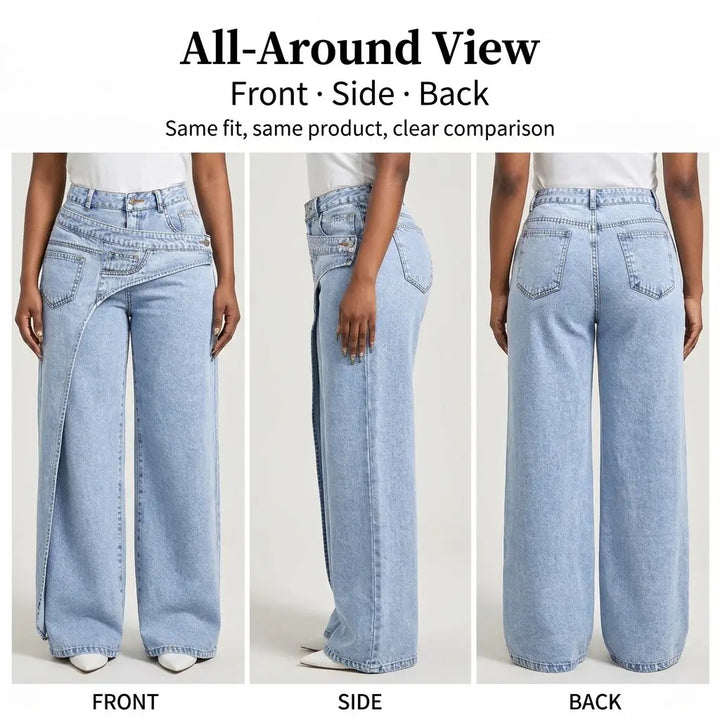 Close view of the asymmetric waistband and pocket construction