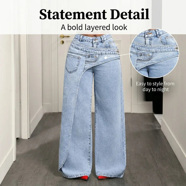 Visible seam and pocket details on the layered-waist jeans