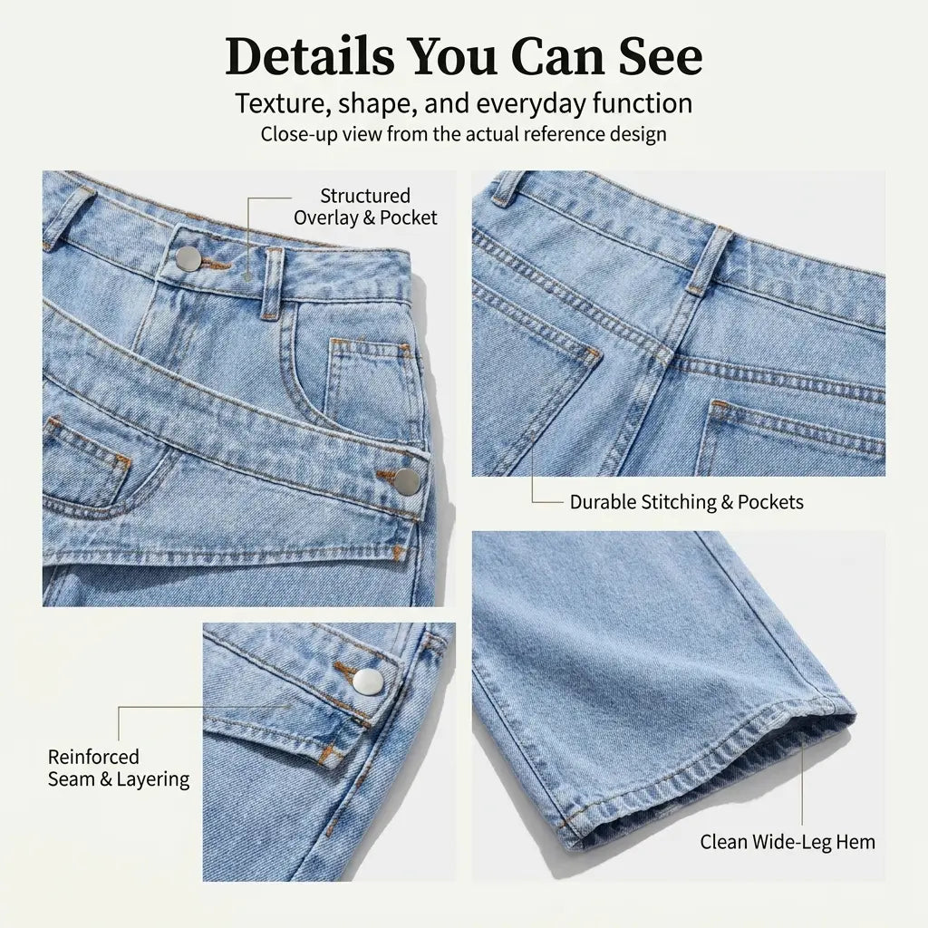 Front, side, and back views of the layered-waist jeans