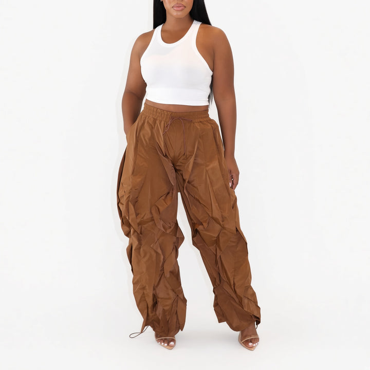Coffee wave-cut drawstring cargo pants, front view