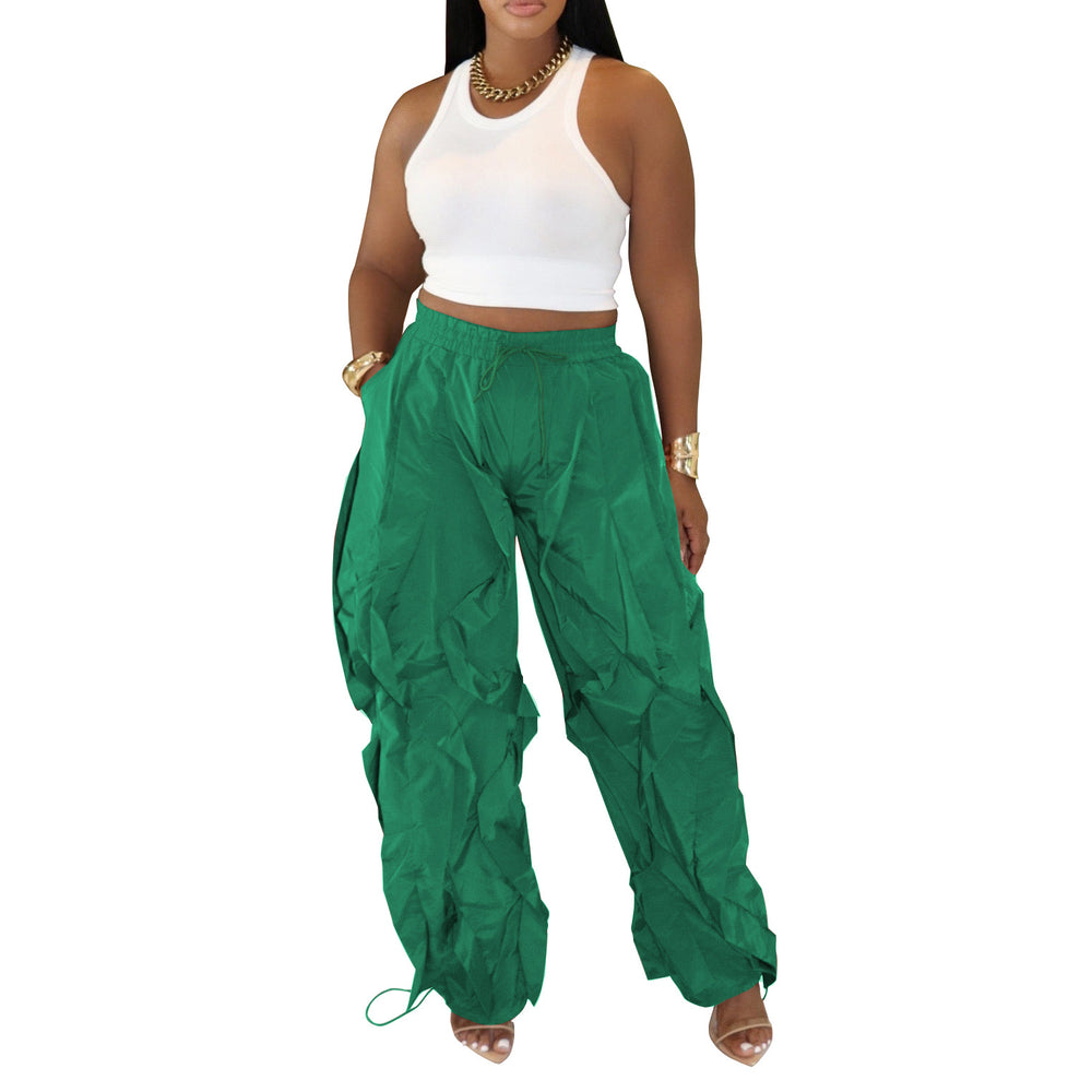 Green wave-cut drawstring cargo pants, front view