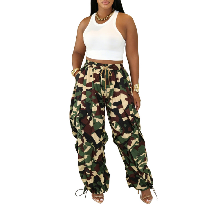 Camo wave-cut drawstring cargo pants, front view