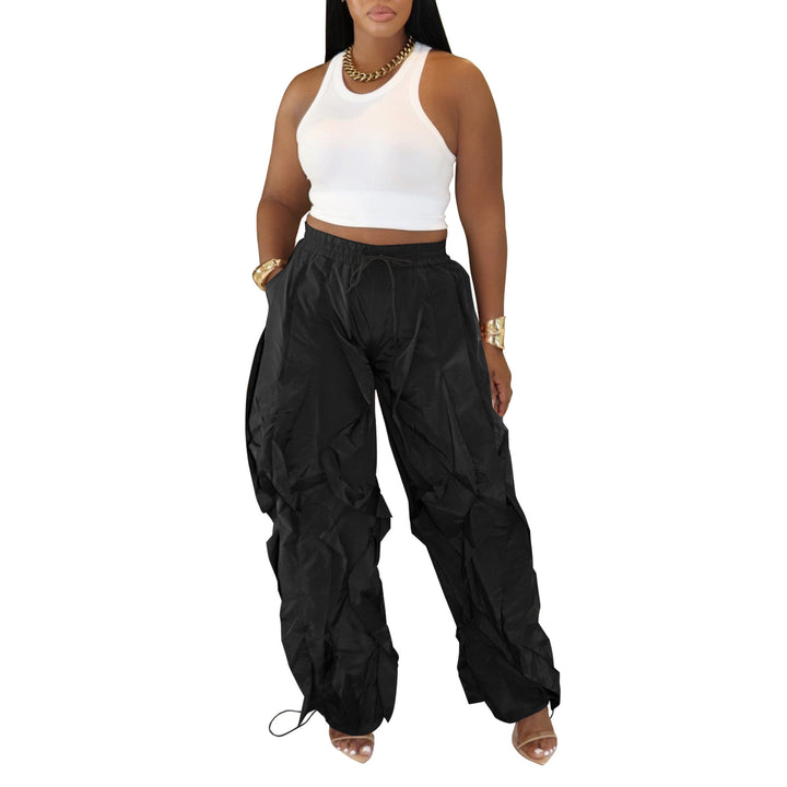 Black wave-cut drawstring cargo pants, front view