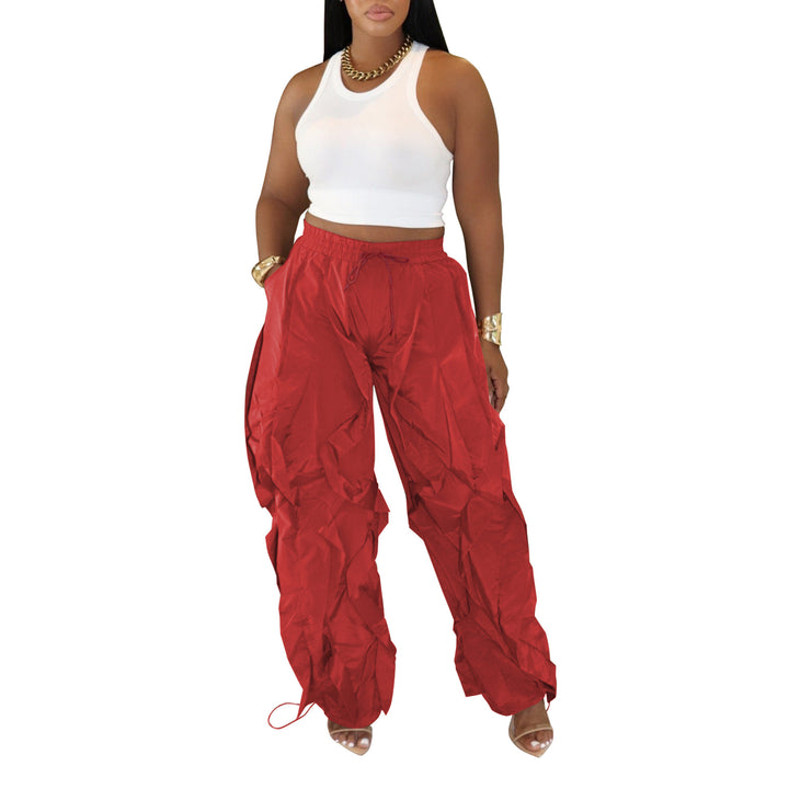 Red wave-cut drawstring cargo pants, front view