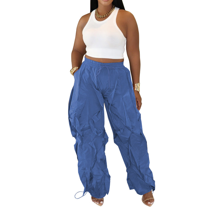 Blue wave-cut drawstring cargo pants, front view