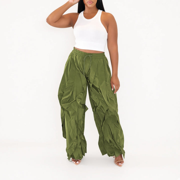 Dark Green wave-cut drawstring cargo pants, front view
