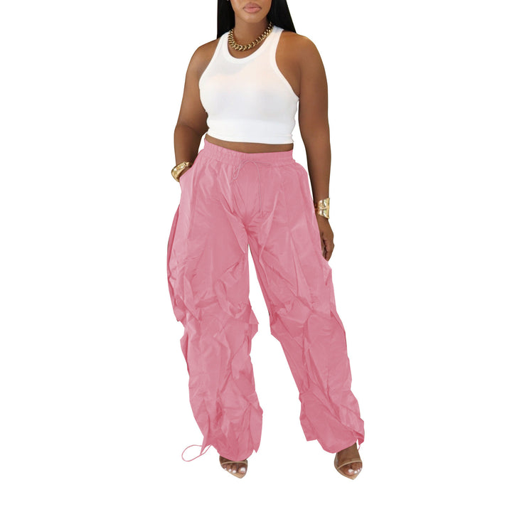 Pink wave-cut drawstring cargo pants, front view