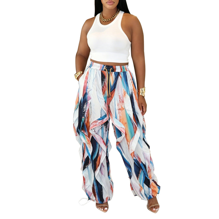 Blue and White wave-cut drawstring cargo pants, front view