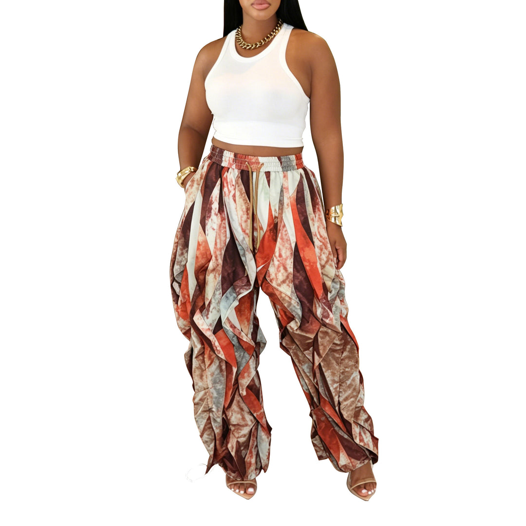 Brown and Red wave-cut drawstring cargo pants, front view