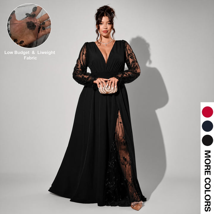 Black lace-sleeve plus-size maxi dress, front view