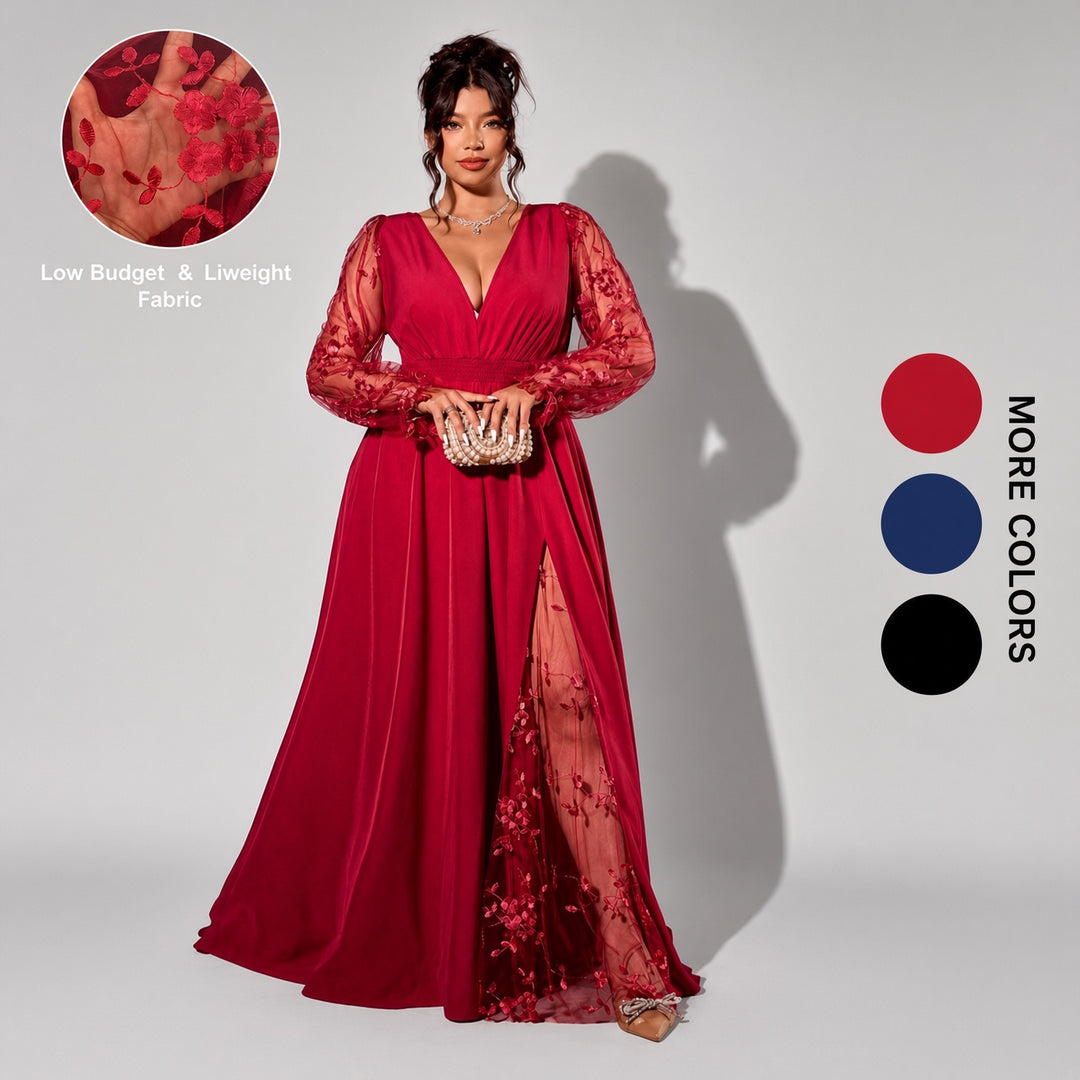 Red lace-sleeve plus-size maxi dress, front view