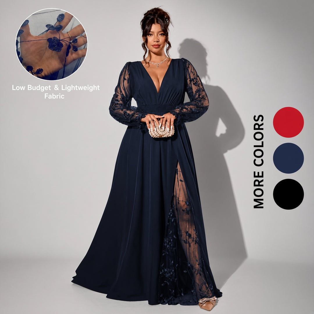 Navy lace-sleeve plus-size maxi dress, front view