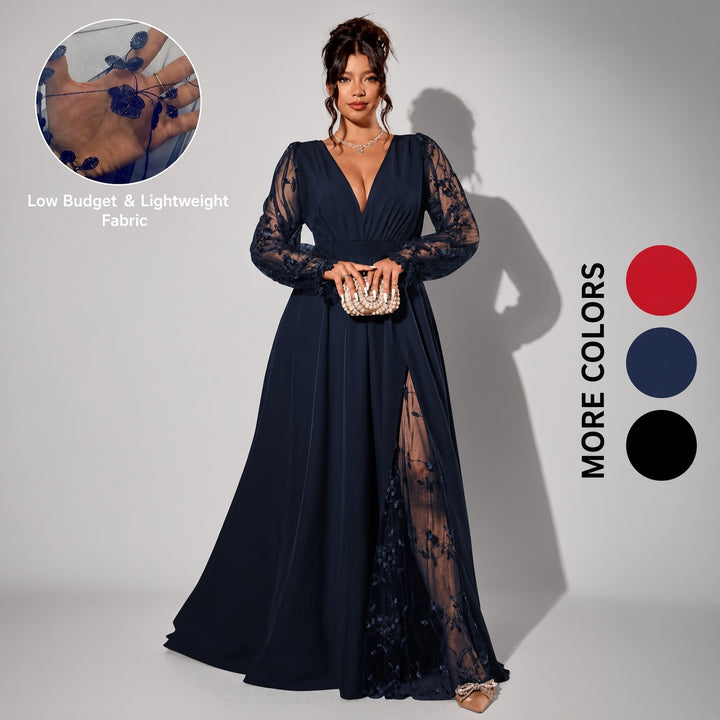 Navy lace-sleeve plus-size maxi dress, front view