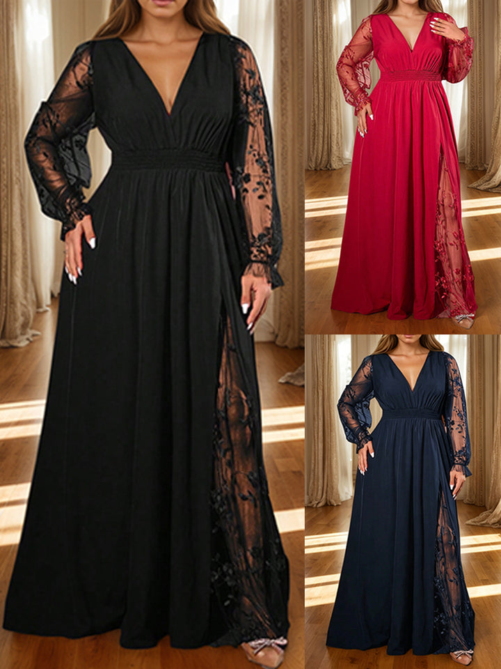 Black lace-sleeve maxi dress showing the floral lace inset