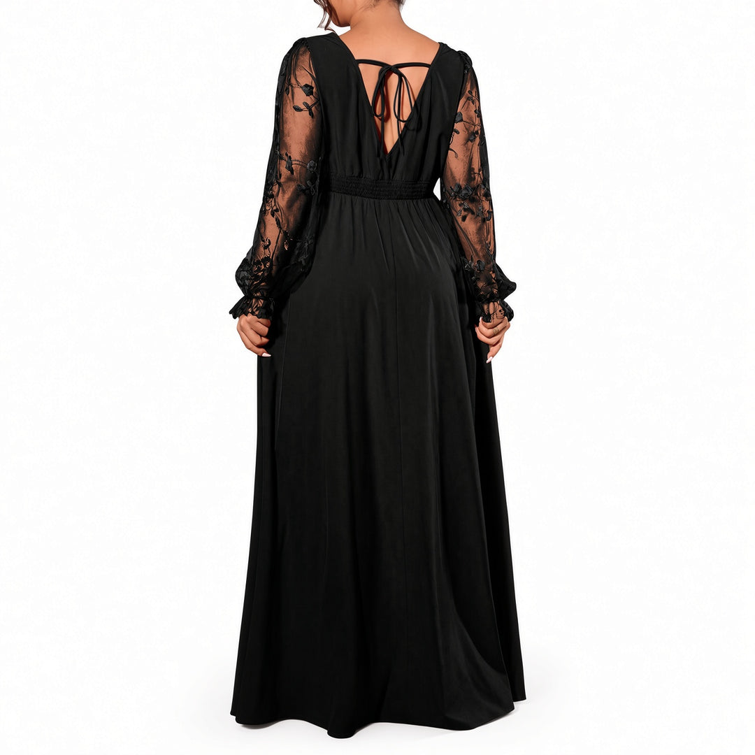 Back view of the Black lace-sleeve maxi dress