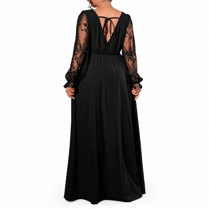 Back view of the Black lace-sleeve maxi dress