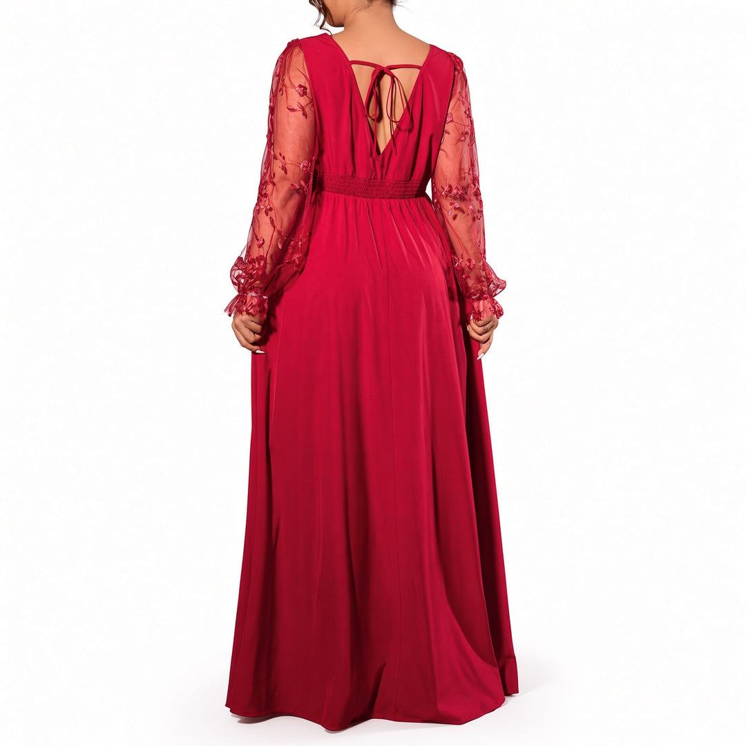 Back view of the Red lace-sleeve maxi dress