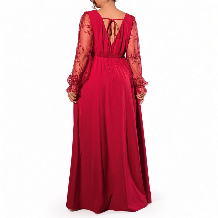 Back view of the Red lace-sleeve maxi dress