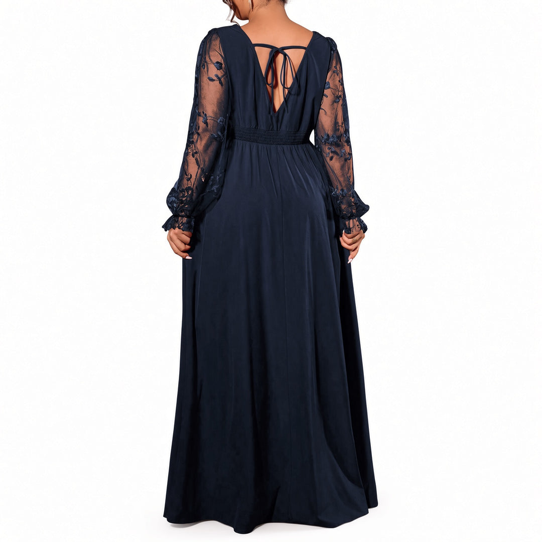 Back view of the Navy lace-sleeve maxi dress