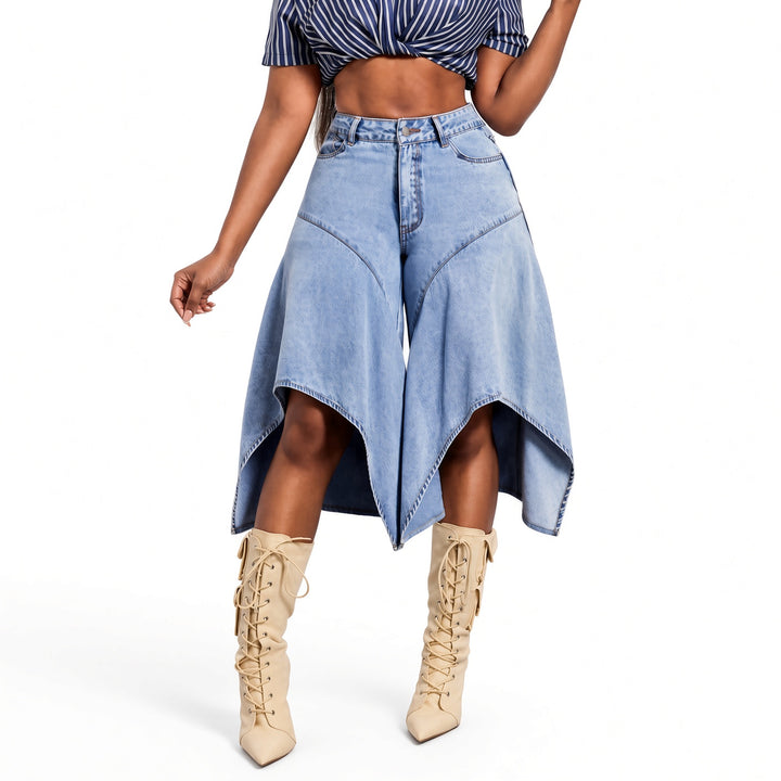 Asymmetric light-wash denim culottes, front view