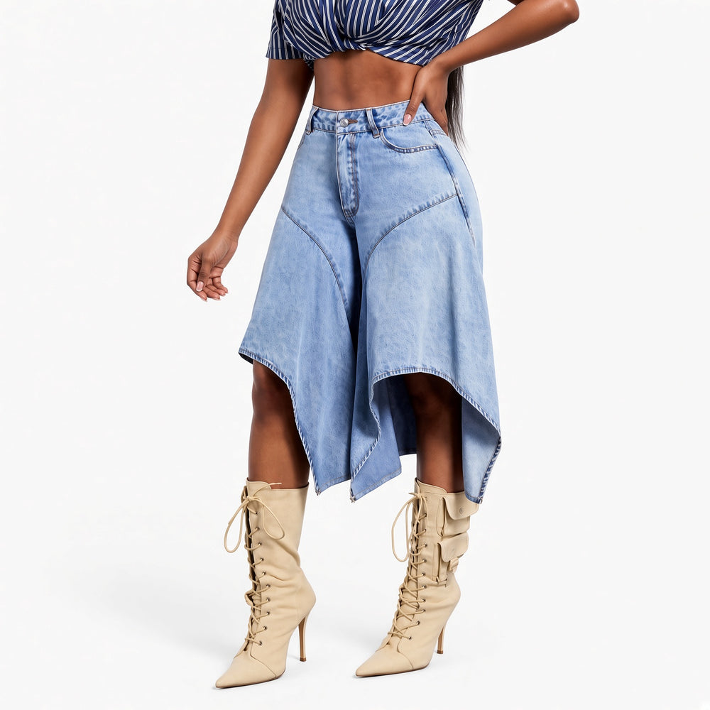 Three-quarter view of the asymmetric denim culottes