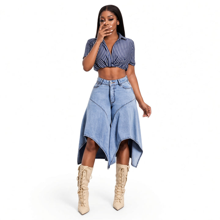 Full styling view of the asymmetric denim culottes