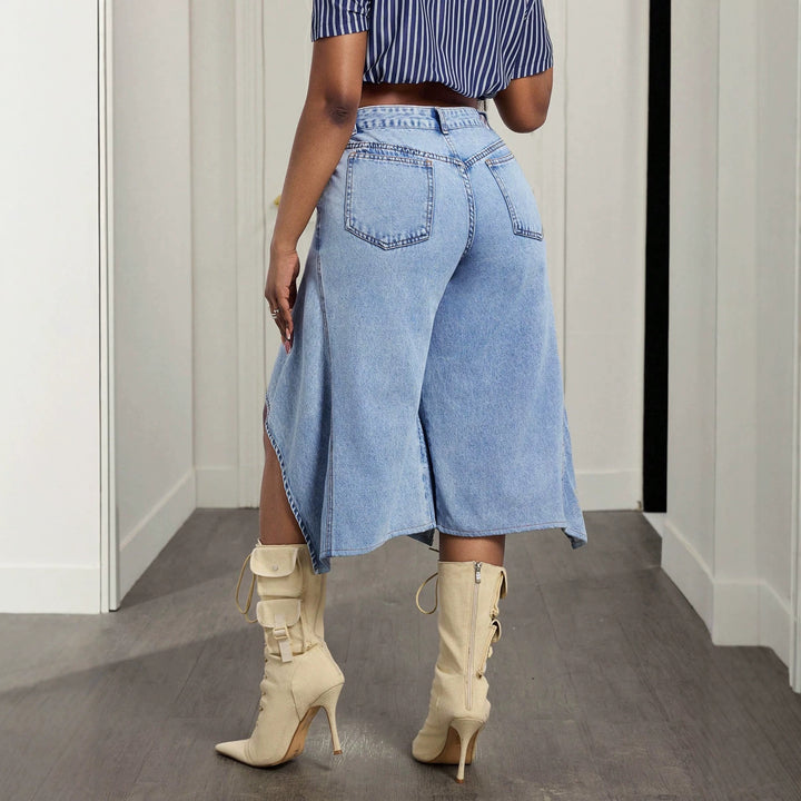 Back view of the asymmetric denim culottes
