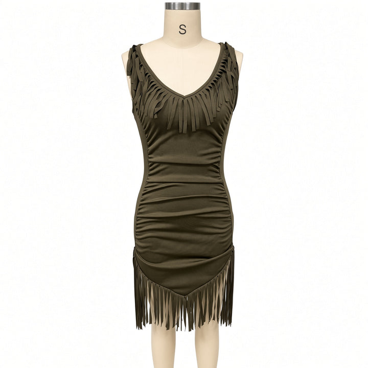 Front mannequin view of the Olive fringe mini dress