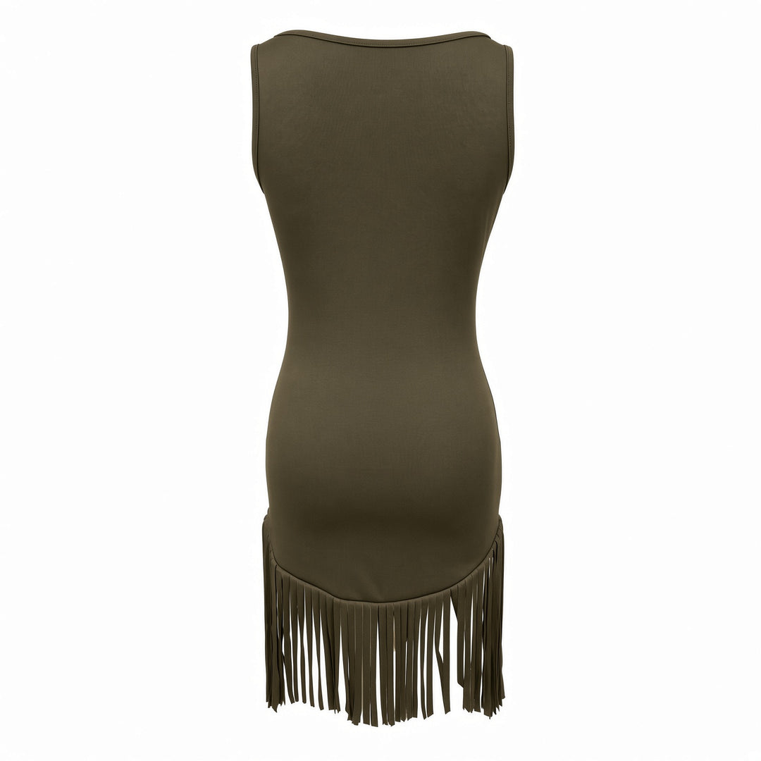 Back garment view of the Olive fringe mini dress