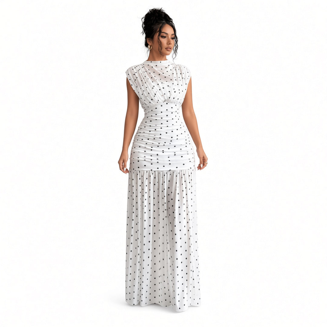 White polka-dot ruched maxi dress, front view