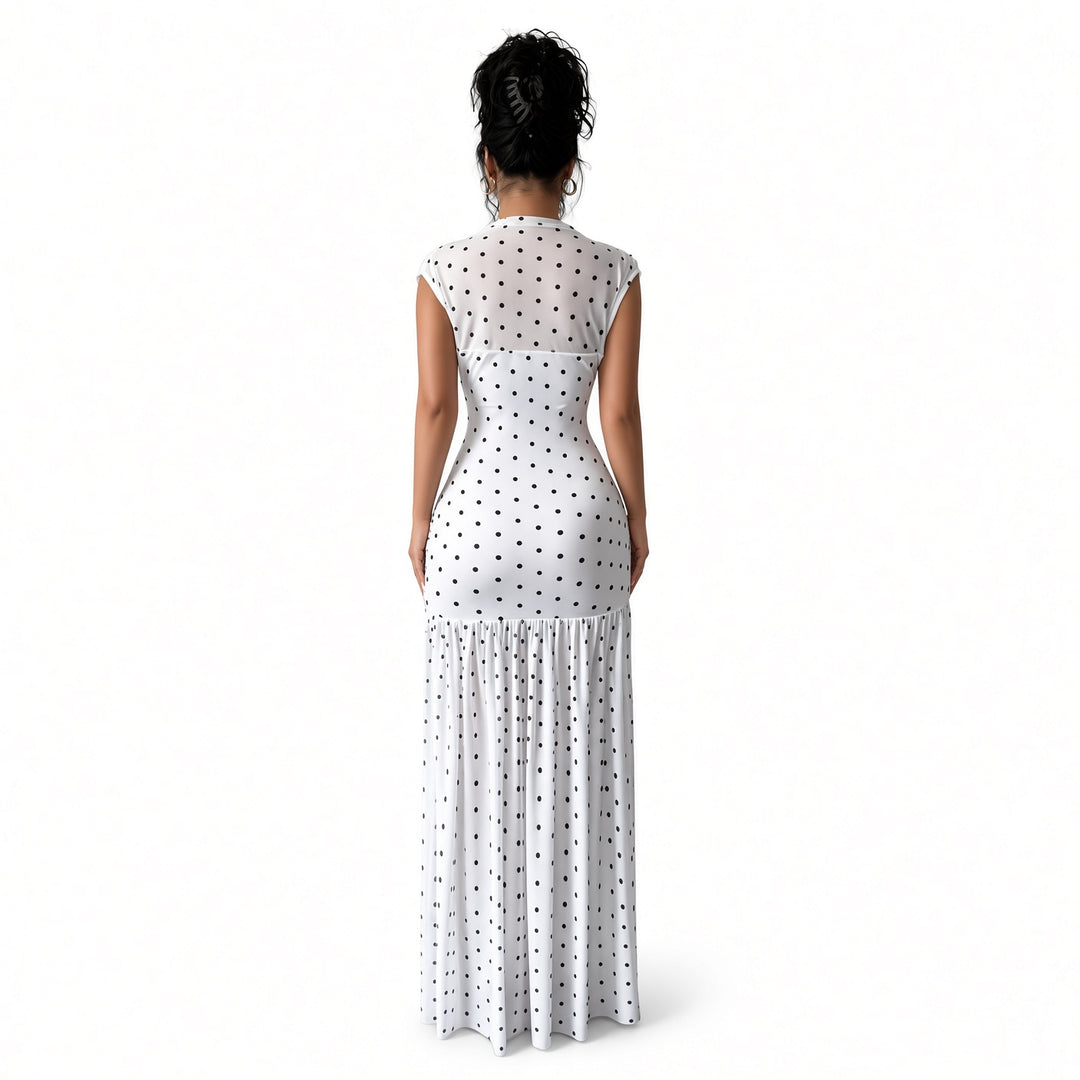 Back view of the white polka-dot maxi dress