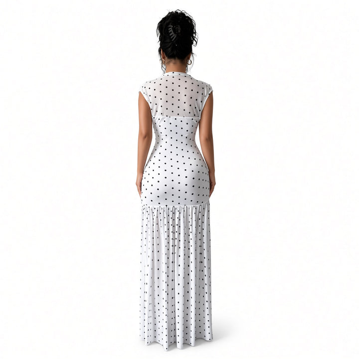 Back view of the white polka-dot maxi dress