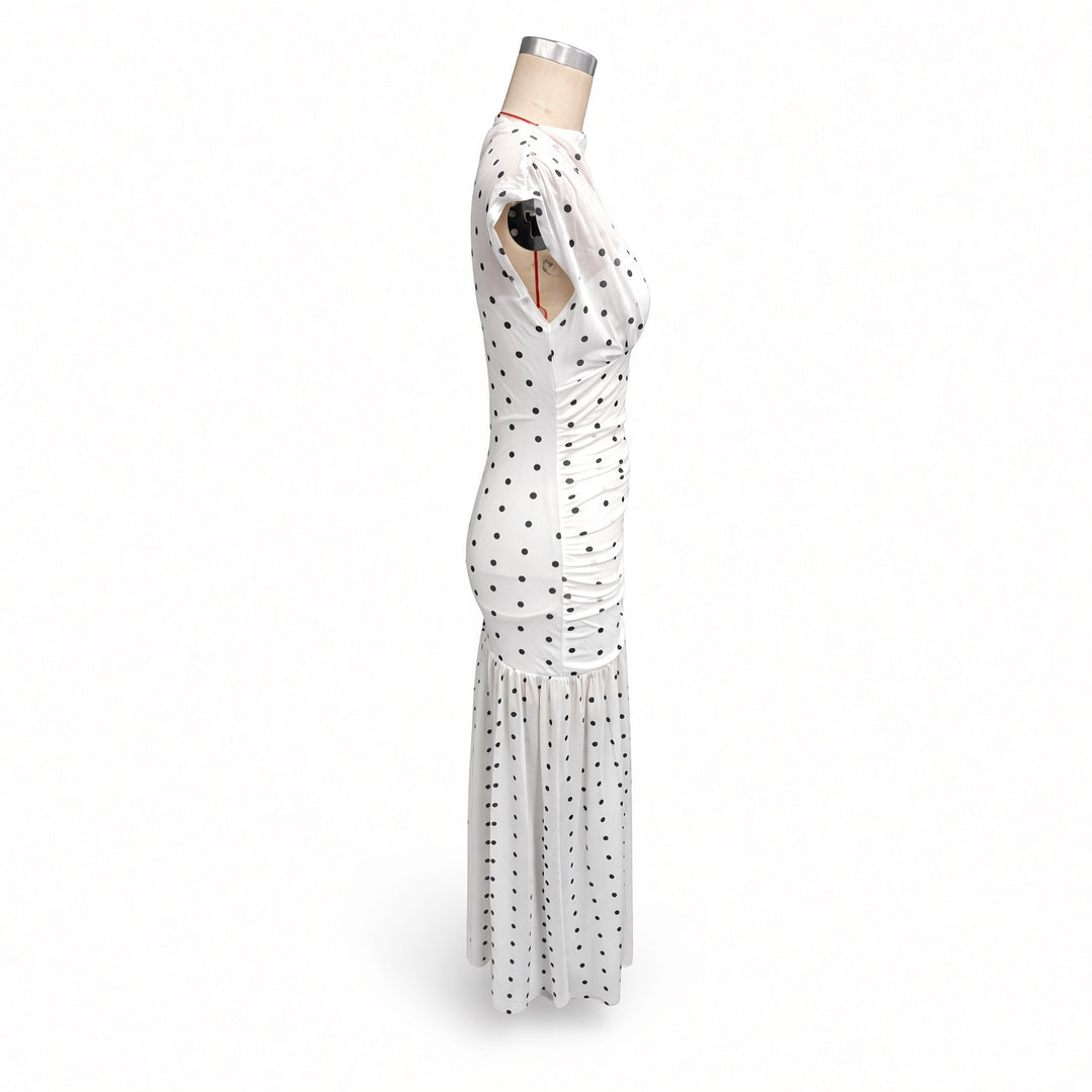 Side garment view showing the draped neckline and ruching