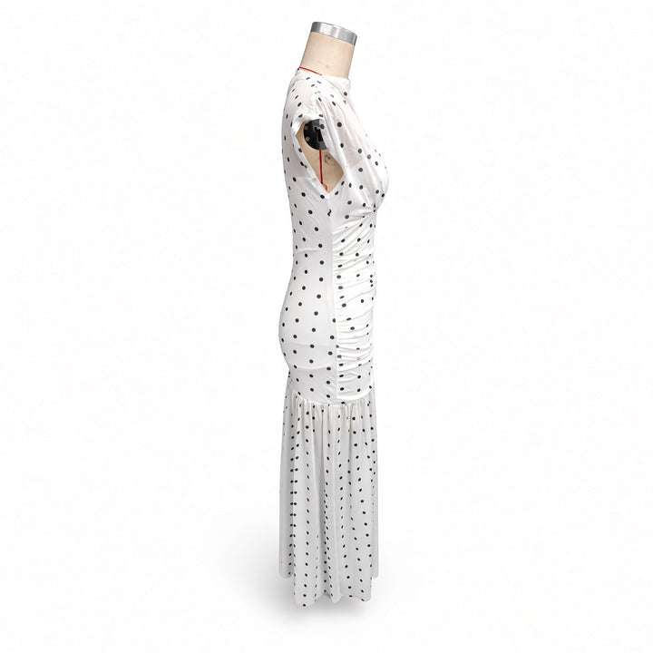 Side garment view showing the draped neckline and ruching