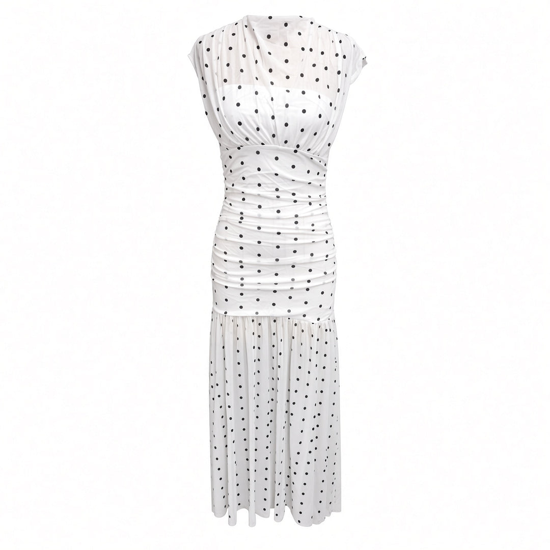 Isolated front view of the white polka-dot maxi dress