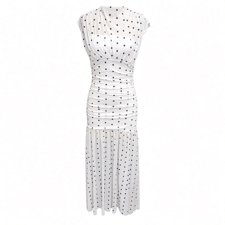 Isolated front view of the white polka-dot maxi dress