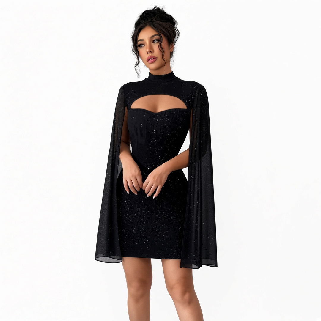 Black glitter cape mini dress, front view