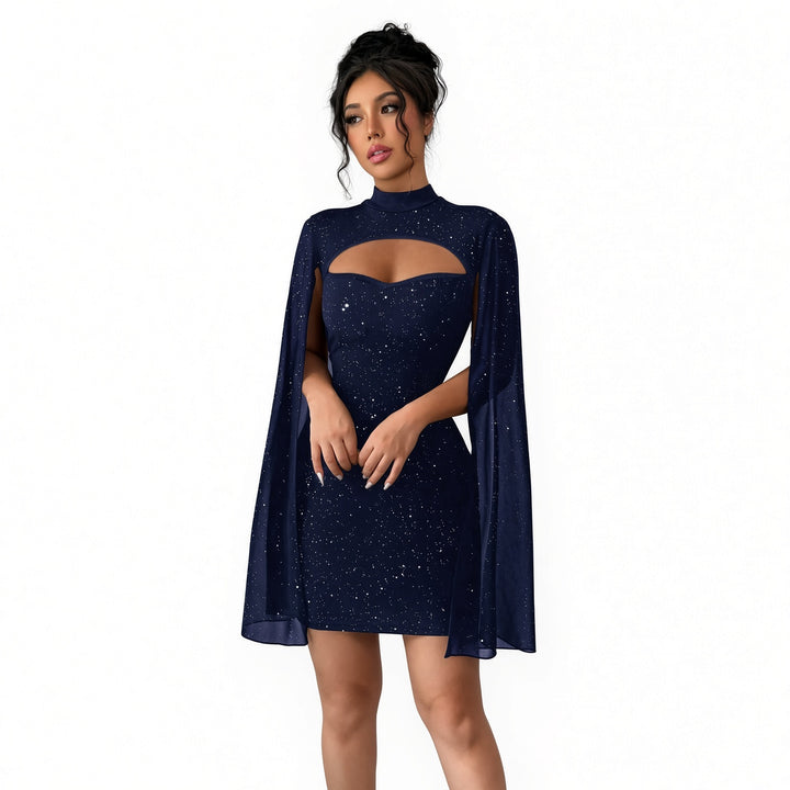 Navy glitter cape mini dress, front view