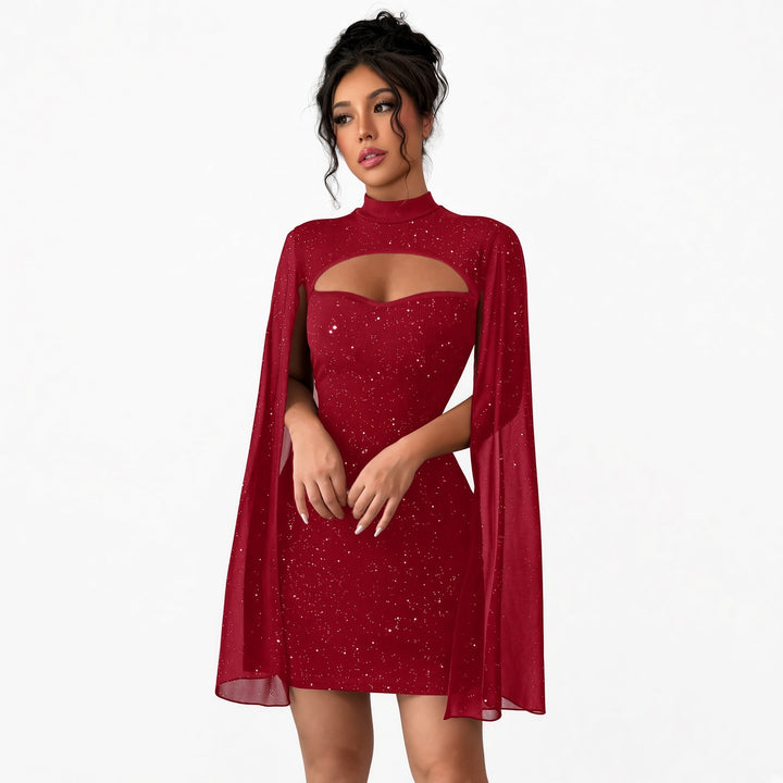 Red glitter cape mini dress, front view