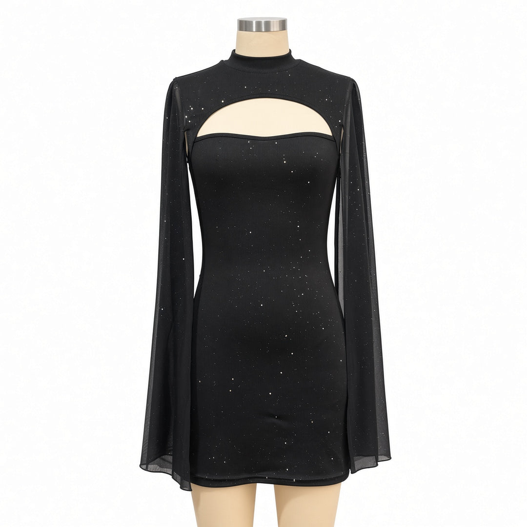 Front garment view of the Black glitter cape mini dress