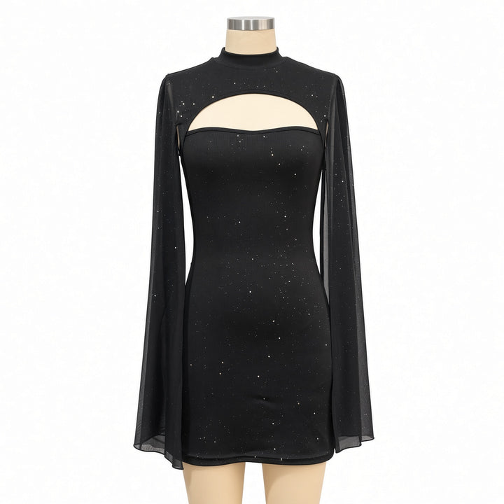 Front garment view of the Black glitter cape mini dress
