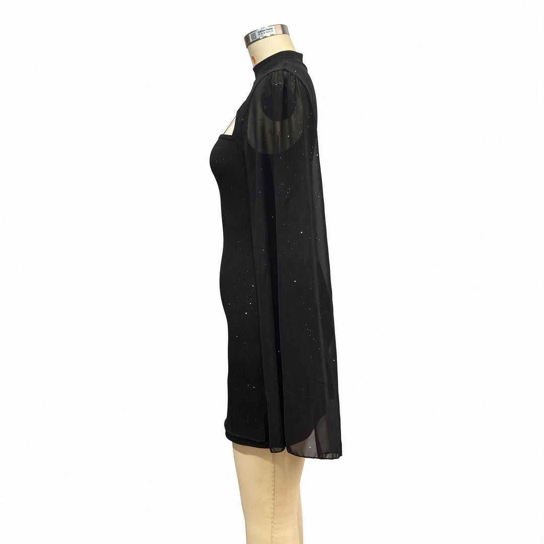 Side view showing the split chiffon cape