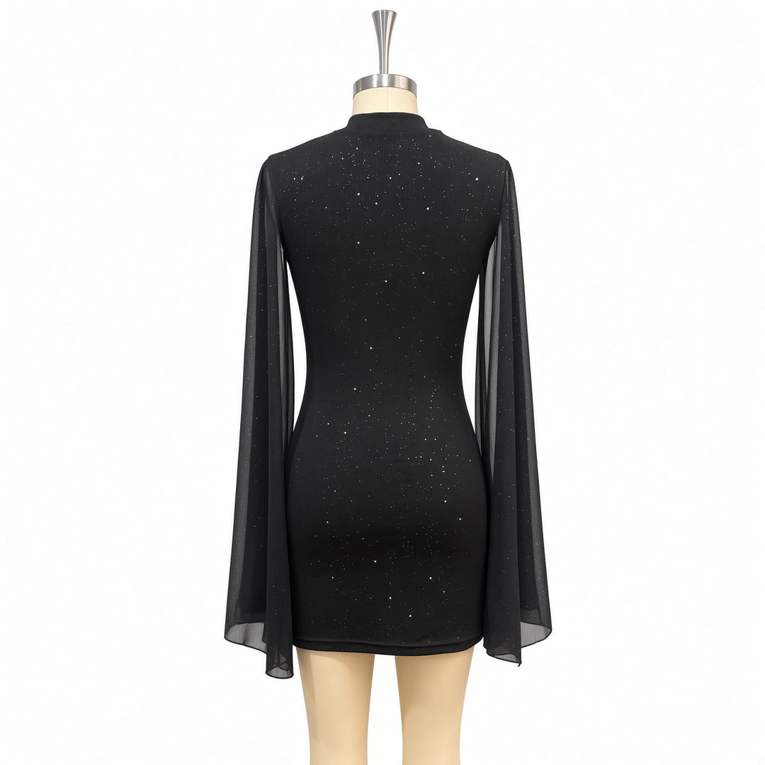 Back garment view of the Black glitter cape mini dress