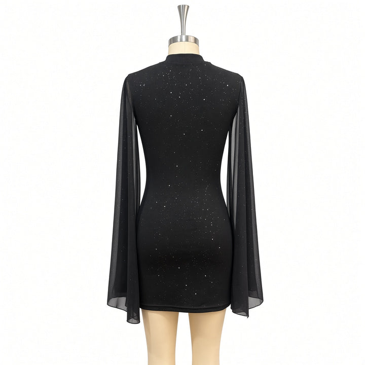 Back garment view of the Black glitter cape mini dress