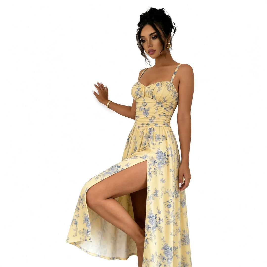 Yellow floral ruched-slit midi dress, front view