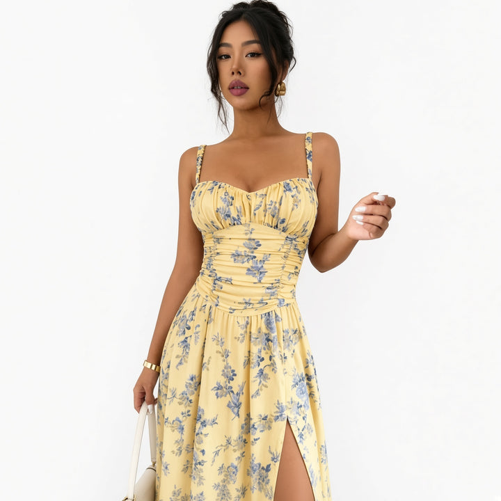 Close view of the ruched floral bodice