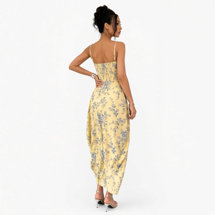 Back view showing the smocked floral bodice