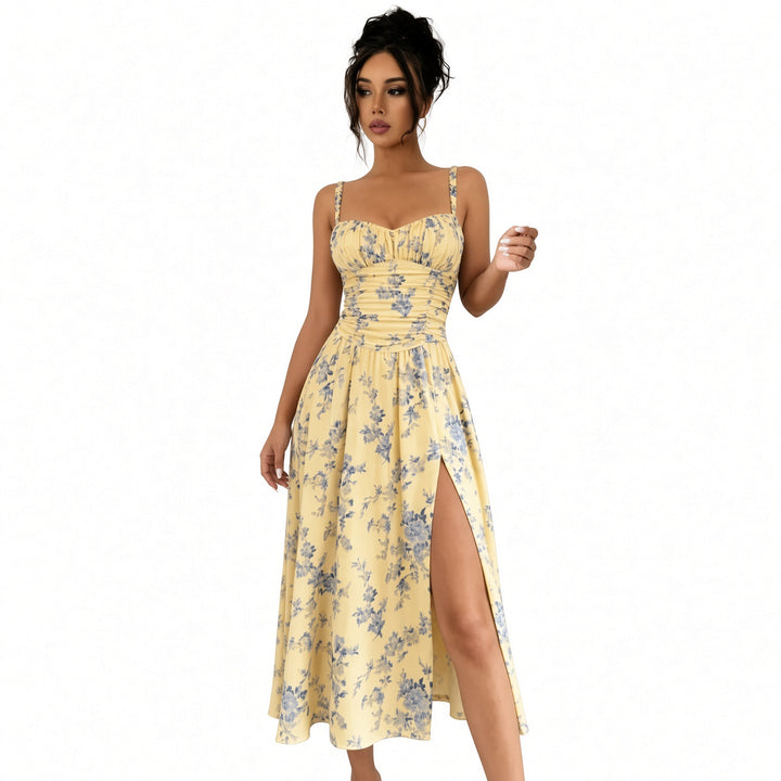 Full front view of the yellow floral slit dress